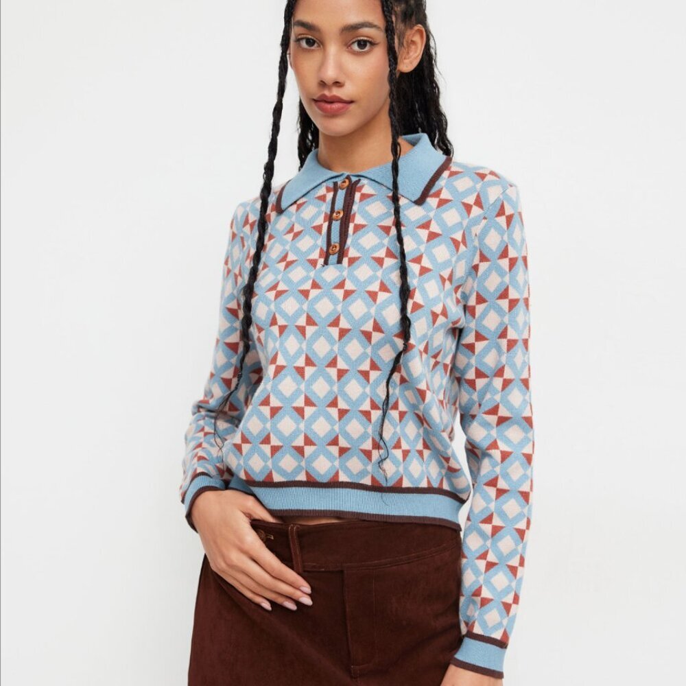 SHEIN Collared Geometric Print Sweater - Medium